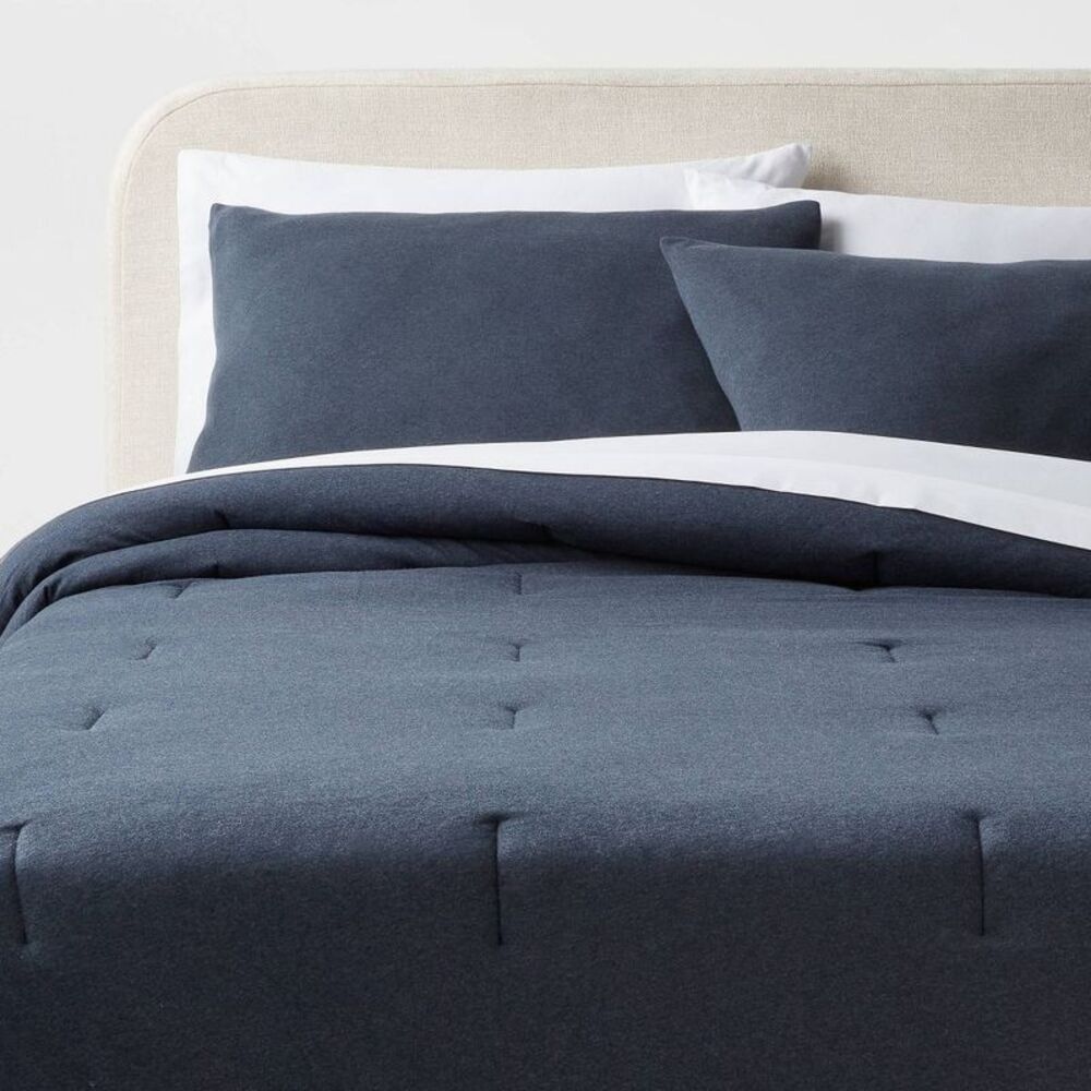 3pc King Knitted Cotton Jersey Bedding Comforter Set - Dark Navy Blue